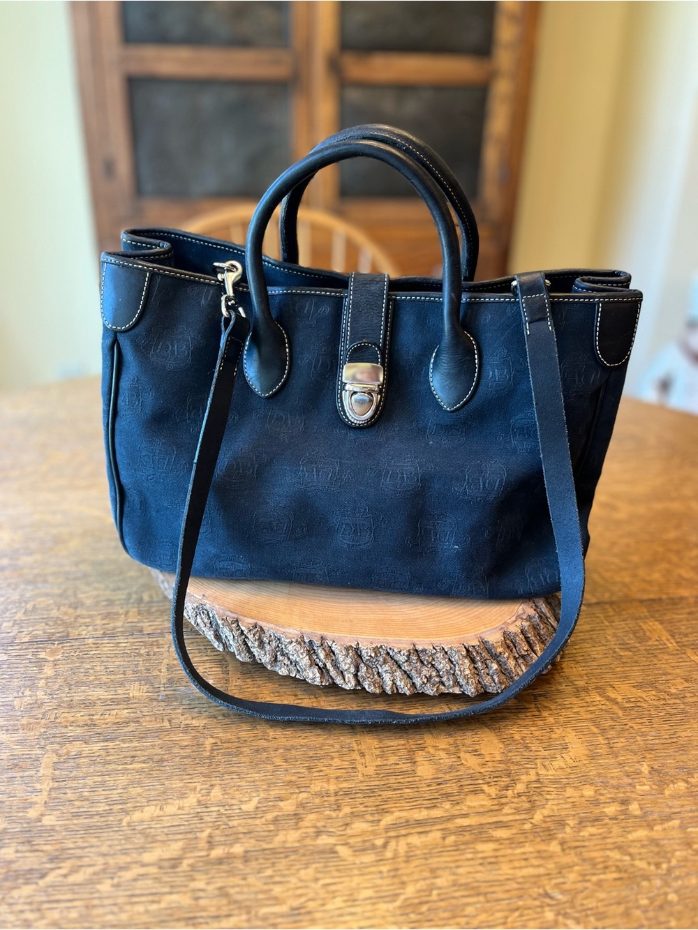 Dooney & Bourke Black Signature Canvas w/ leather trim Double Handle Tote VNTG